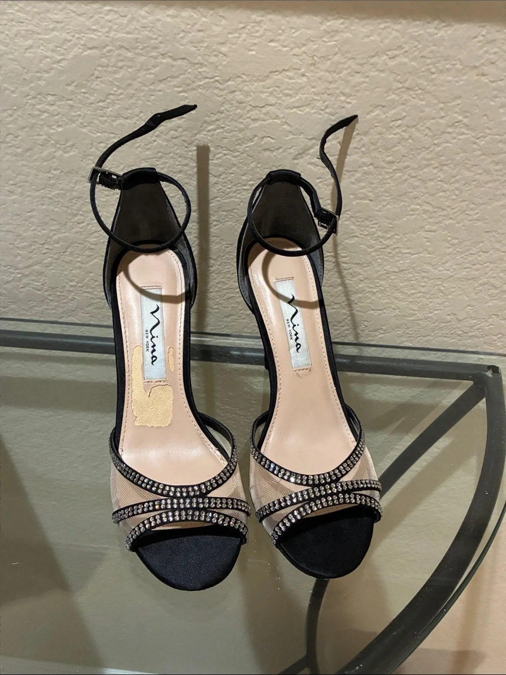 Nina Black and Nude Ankle-Strap Rhinestone sandals